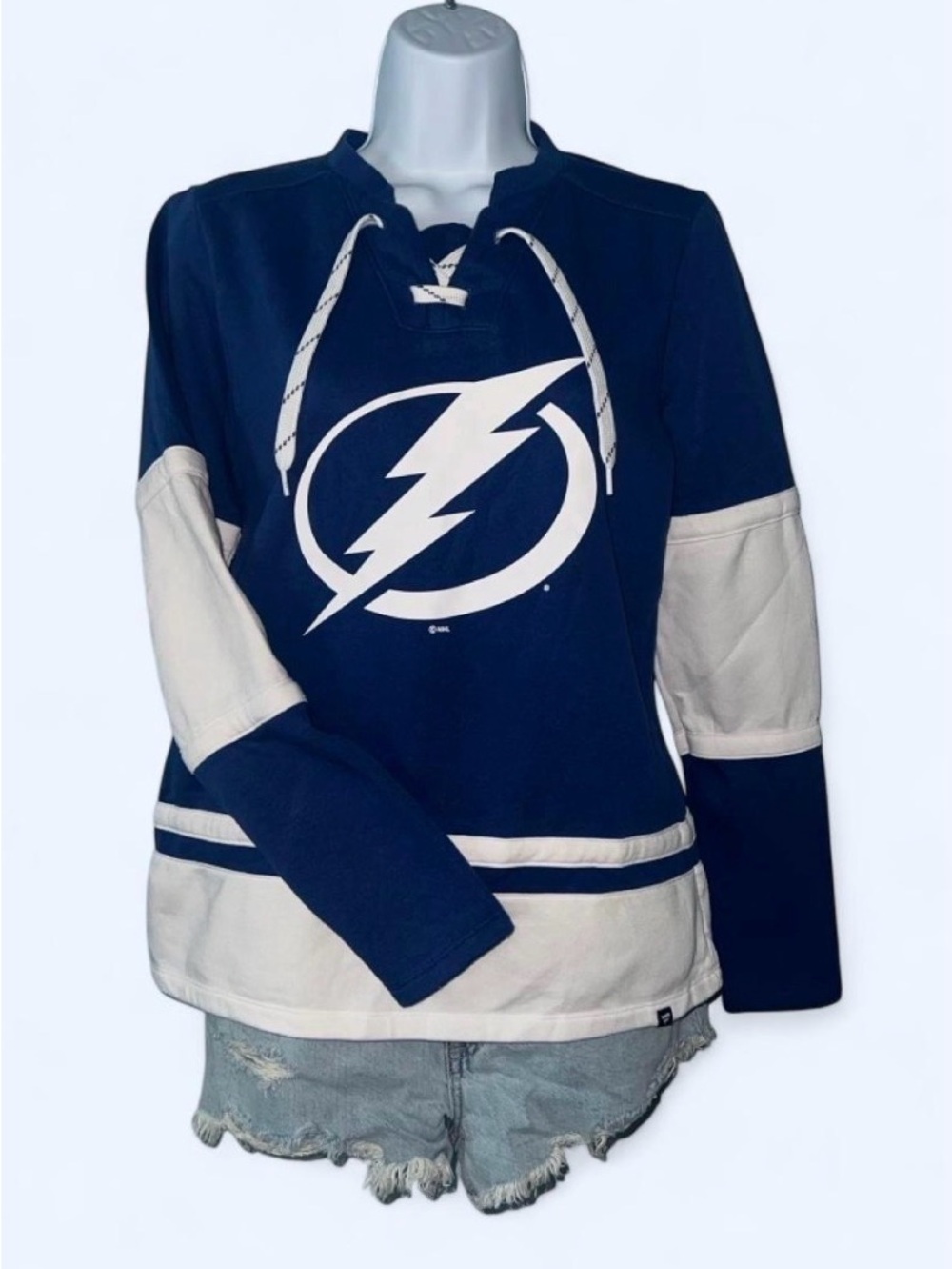 Fanatics Tampa Bay LightningNavy and White Lace-Up Crewneck Sweatshirt for women